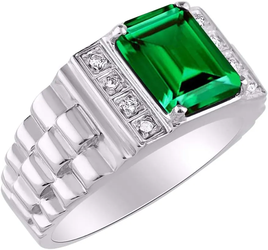 Rylos Men's Rings Sterling Silver Designer Style 10X8MM Emerald Cut Shape Gemstone & Diamonds - Color Stone Birthstone Rings for Men, Sizes 8-13.