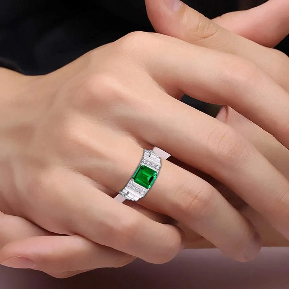 Rylos Men's Rings Sterling Silver Designer Style 10X8MM Emerald Cut Shape Gemstone & Diamonds - Color Stone Birthstone Rings for Men, Sizes 8-13.