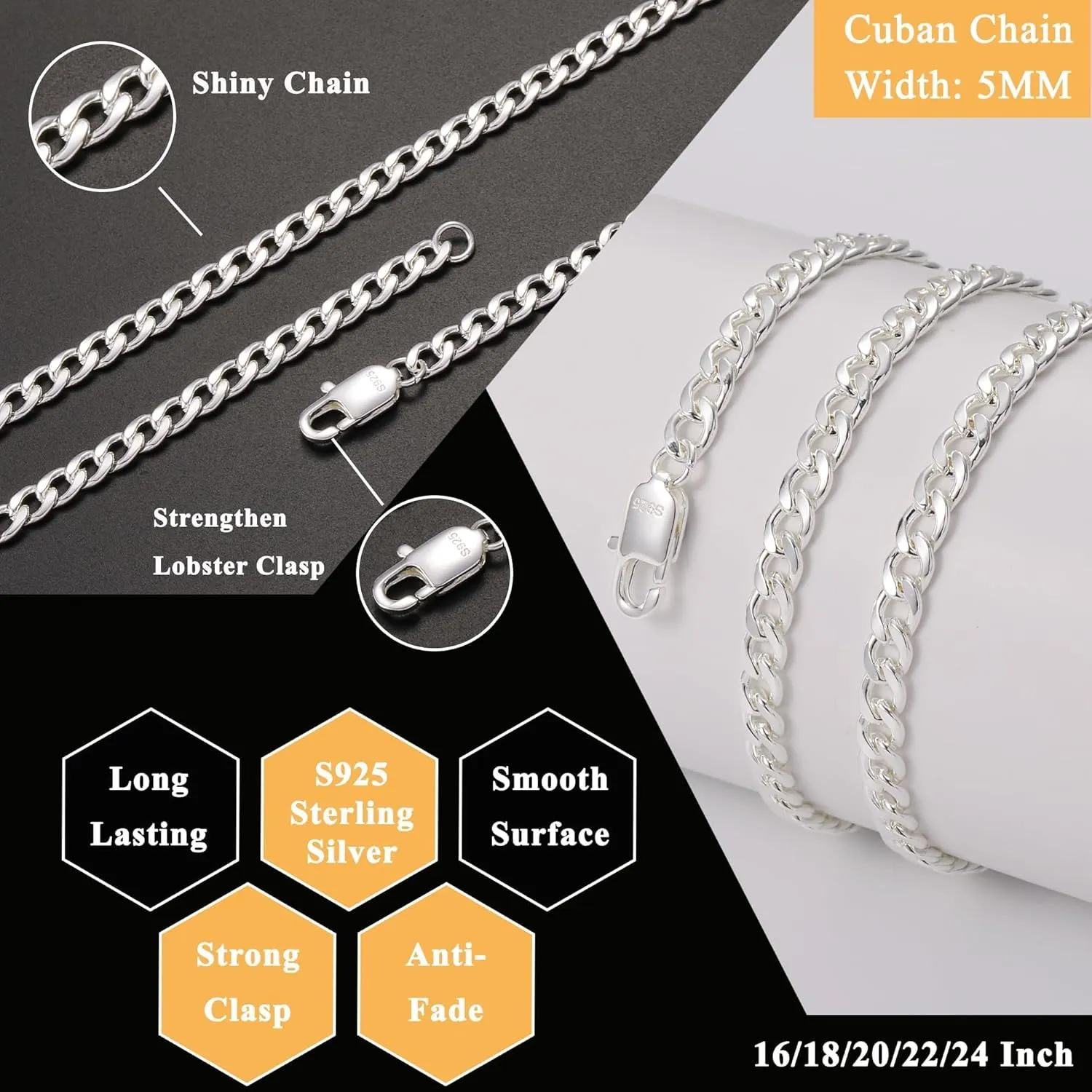 S925 Sterling Silver 3mm/5mm Thick Cuban Chain for Men Sturdy Mens Silver Gold Chain Non-Fading Cuban Chain Necklace Valentine Jewelry Gifts for Him 16/18/20/22/24/26/28 Inch