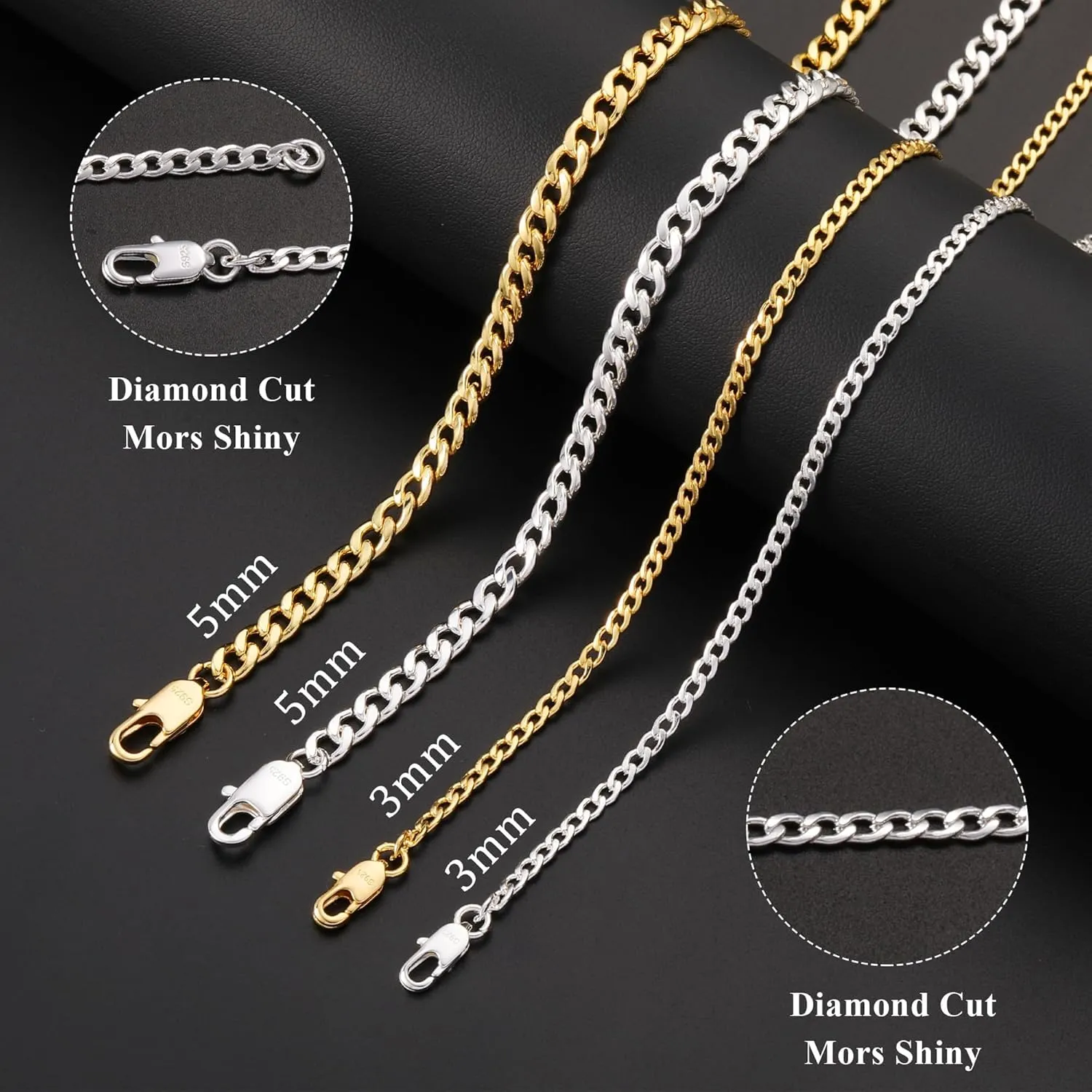 S925 Sterling Silver 3mm/5mm Thick Cuban Chain for Men Sturdy Mens Silver Gold Chain Non-Fading Cuban Chain Necklace Valentine Jewelry Gifts for Him 16/18/20/22/24/26/28 Inch