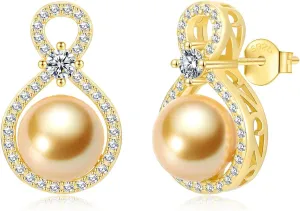S925 Sterling Silver Infinity Pearl Earrings Stud for Women, Genuine Quality 8-8.5mm Round Saltwater Cultured Pearls 14K Gold Plated Hypoallergenicity Jewelry Gifts for Mother Wife Bridal