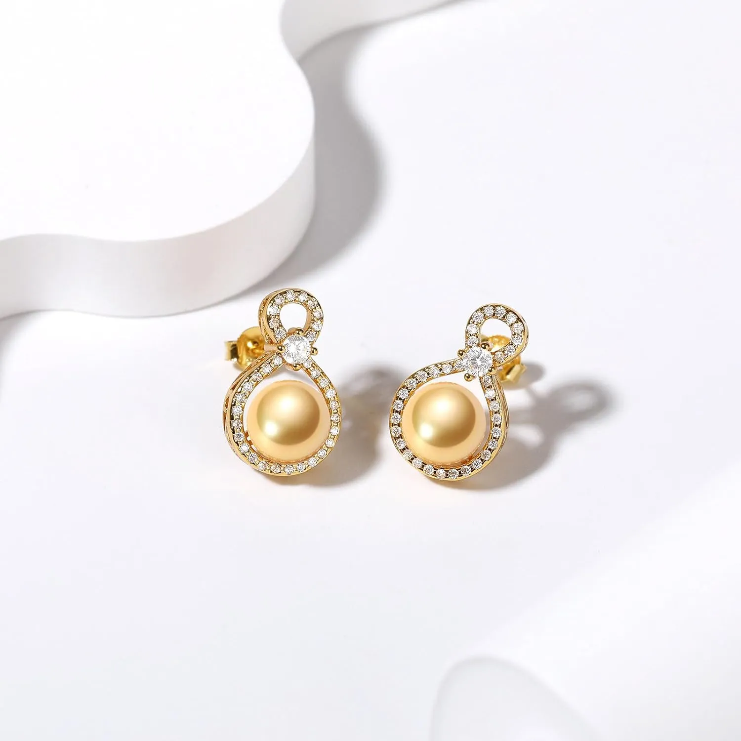 S925 Sterling Silver Infinity Pearl Earrings Stud for Women, Genuine Quality 8-8.5mm Round Saltwater Cultured Pearls 14K Gold Plated Hypoallergenicity Jewelry Gifts for Mother Wife Bridal