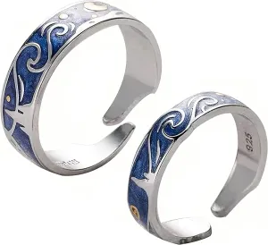 S925 Sterling Silver Van Gogh Starry Sky Handmade Unique Lover Ring Ladies and Men Romantic Promise Ring, Jewelry Gift Opening Ring-Adjustable Size