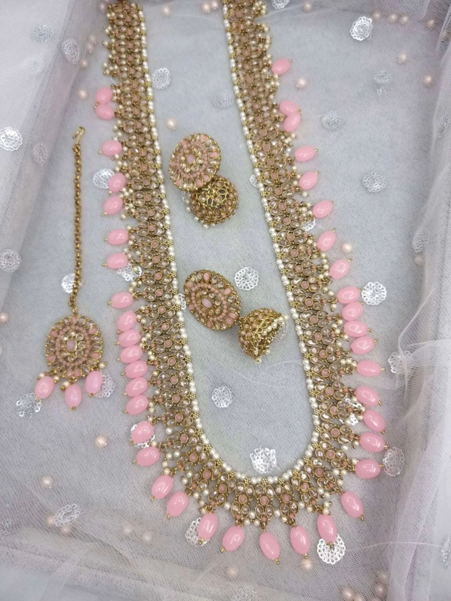 Sabiha- Baby Pink Antique Gold Polki Stone Mala Necklace Set