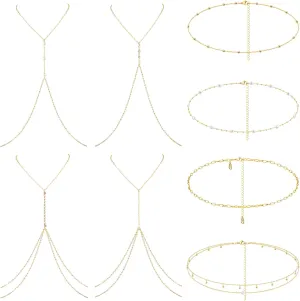SAILIMUE 8 Pcs Body Chain Belly Chain For Women Sexy Minimalist Rhinestone Pearl Beads Waist Chain Necklace Adjustable Summer Beach Bikini Body Jewelry Gold Silver Tone