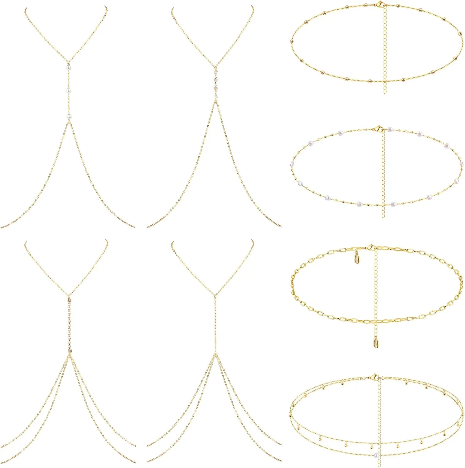 SAILIMUE 8 Pcs Body Chain Belly Chain For Women Sexy Minimalist Rhinestone Pearl Beads Waist Chain Necklace Adjustable Summer Beach Bikini Body Jewelry Gold Silver Tone
