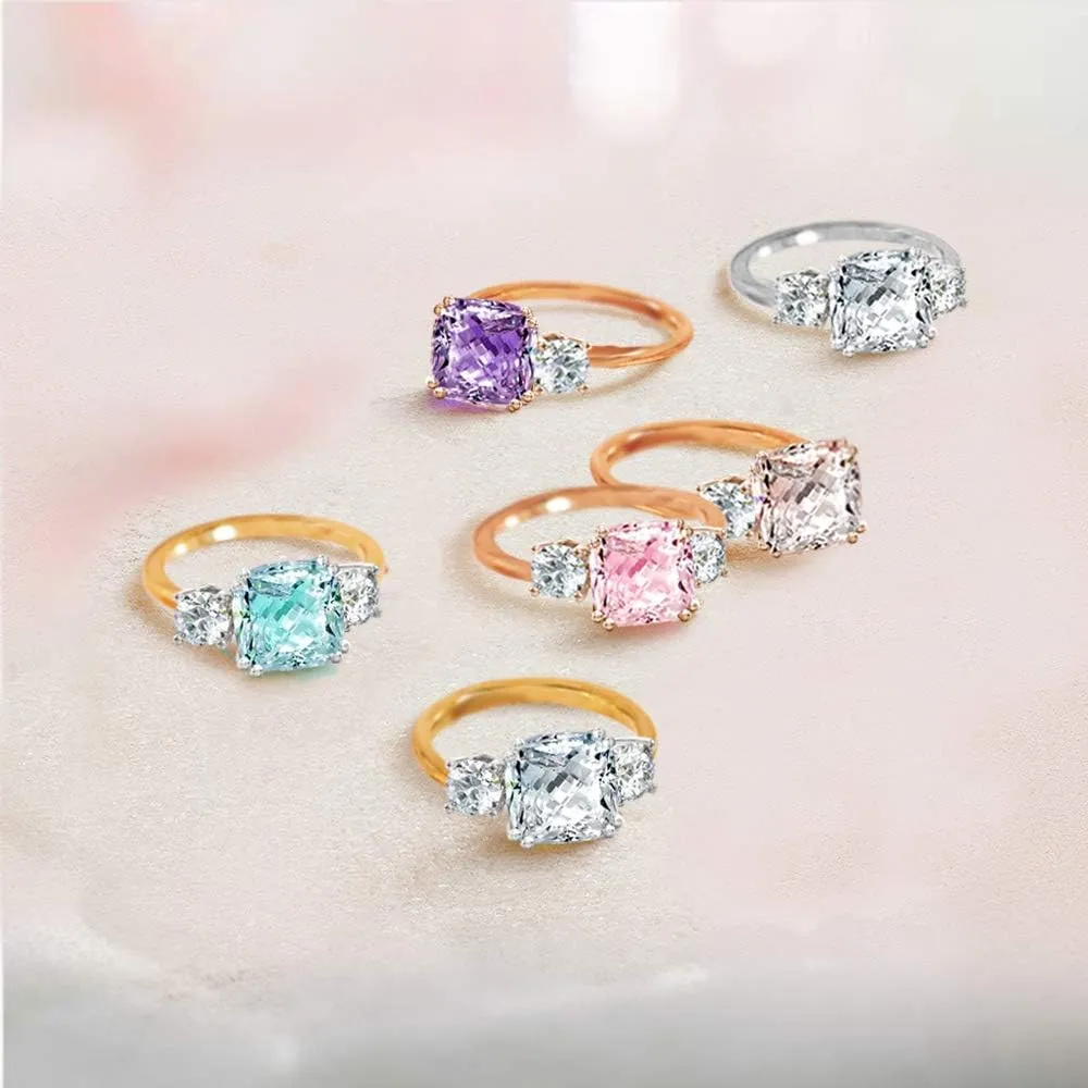 Samie Collection 3 Stone Engagement Rings for Women Wedding Ring with Cushion Cut Simulated Diamond CZ in Gold Plating, Size 5-10