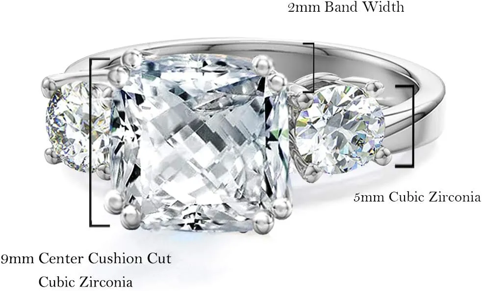 Samie Collection 3 Stone Engagement Rings for Women Wedding Ring with Cushion Cut Simulated Diamond CZ in Gold Plating, Size 5-10