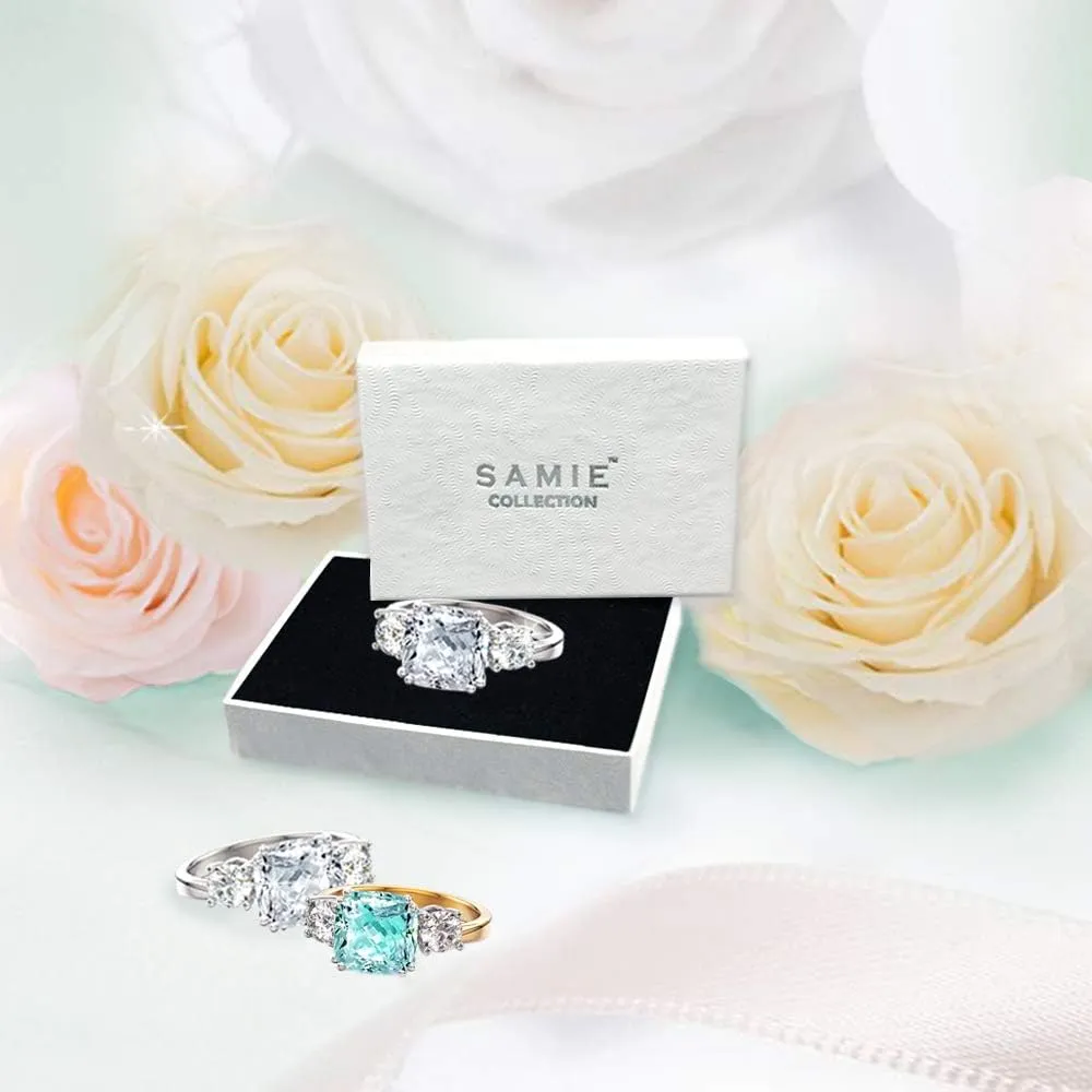 Samie Collection 3 Stone Engagement Rings for Women Wedding Ring with Cushion Cut Simulated Diamond CZ in Gold Plating, Size 5-10