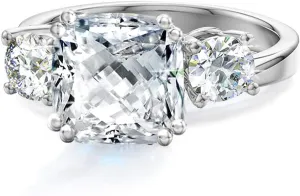 Samie Collection 3 Stone Engagement Rings for Women Wedding Ring with Cushion Cut Simulated Diamond CZ in Gold Plating, Size 5-10