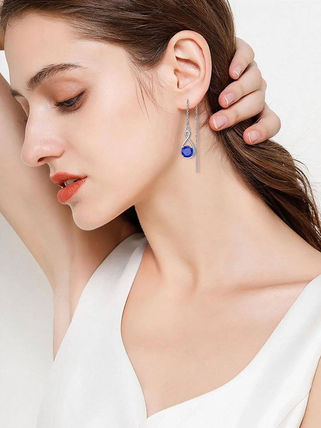 Seiyang Birthstone Threader Earrings 925 Sterling Silver Infinity Long Chain Drop Earrings Pull Through Earrings 12 Birthstone Birthday Jewelry Gifts for Women