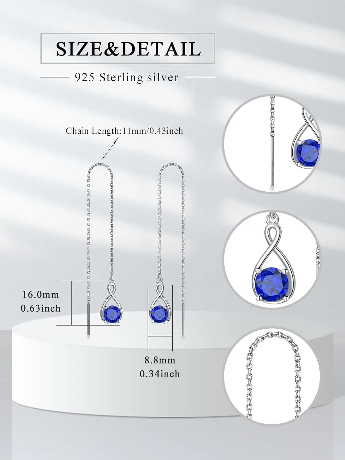 Seiyang Birthstone Threader Earrings 925 Sterling Silver Infinity Long Chain Drop Earrings Pull Through Earrings 12 Birthstone Birthday Jewelry Gifts for Women