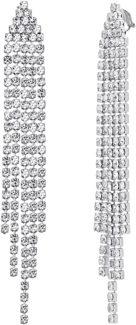 SELOVO Chandelier Tassel Dangle Linear Drop Earrings Party Jewelry Clear Austrian Crystal (3inch -Clip On-Clear)
