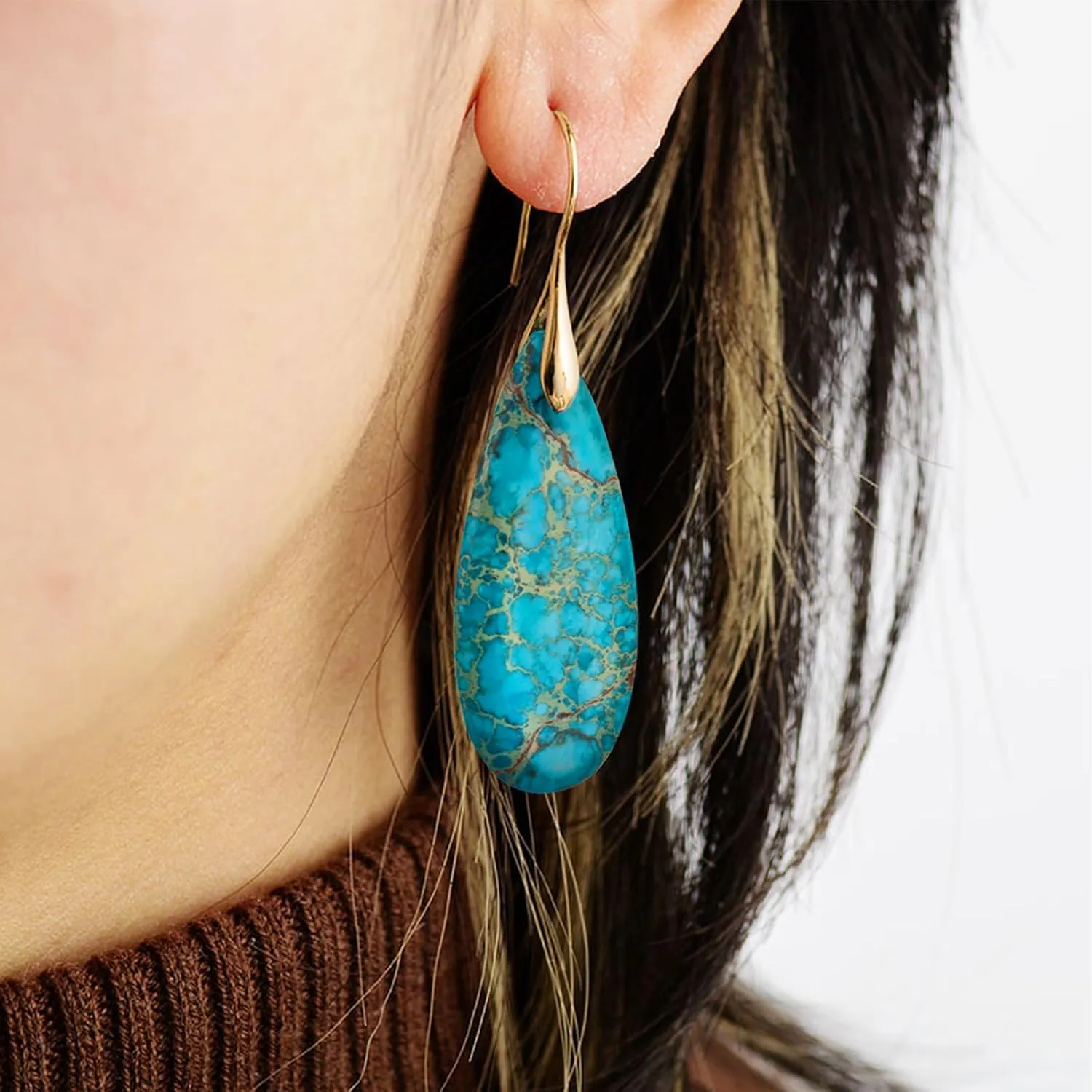 SELOVO Stone Fishhoop Dangle Drop Earrings Statement Earrings Silver Tone