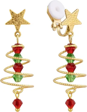 SELOVO Tree Shape Clip On Earrings Star Twist Green Red Dangle Earrings