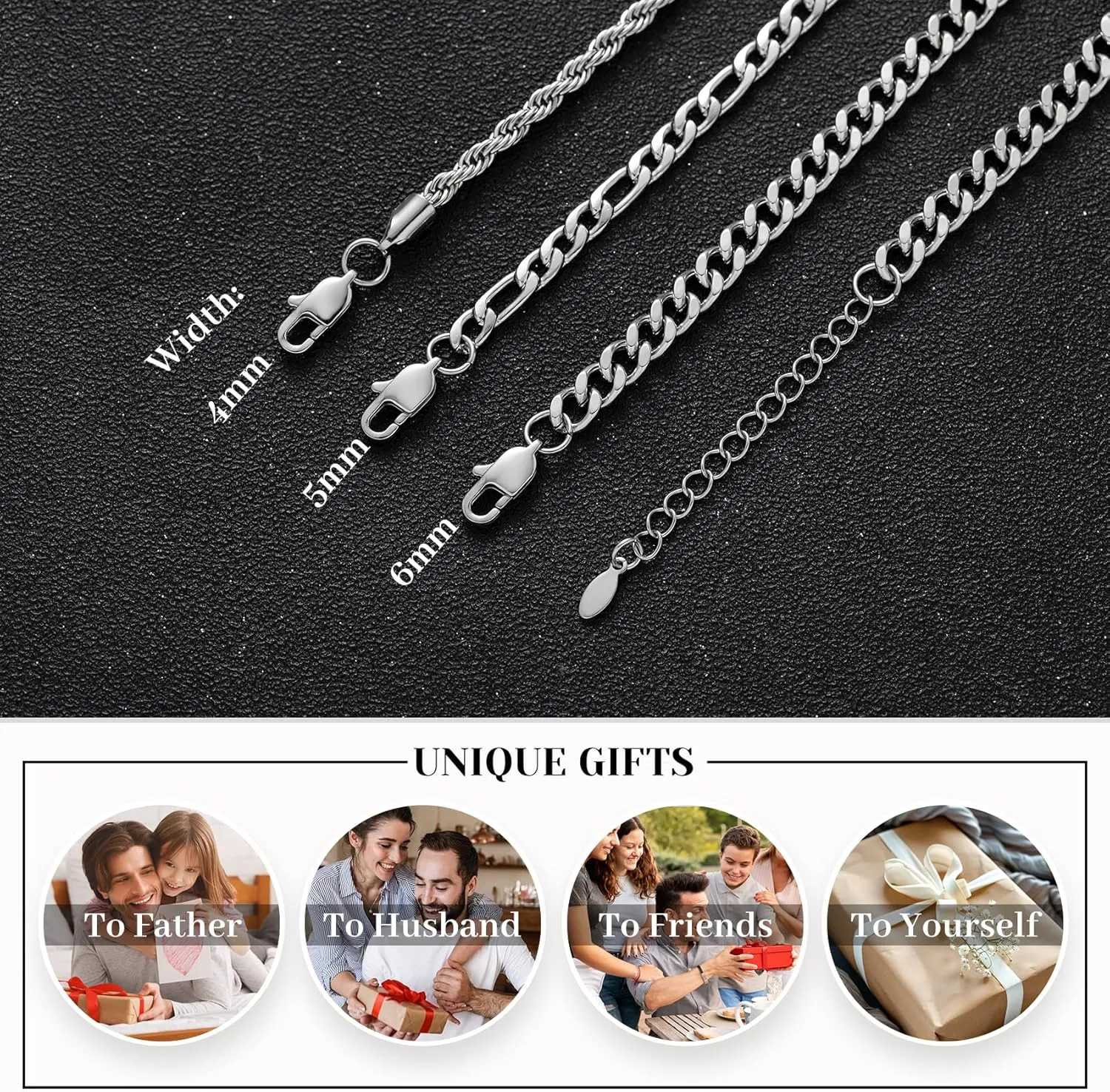 Senteria 3 Pcs Stainless Steel Bracelet for Men Women Adjustable Sturdy Rope Figaro Cuban Link Bracelet Set Stack Chain Bracelets for Men Dad Husband 7/8 Inches