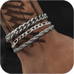 Senteria 3 Pcs Stainless Steel Bracelet for Men Women Adjustable Sturdy Rope Figaro Cuban Link Bracelet Set Stack Chain Bracelets for Men Dad Husband 7/8 Inches