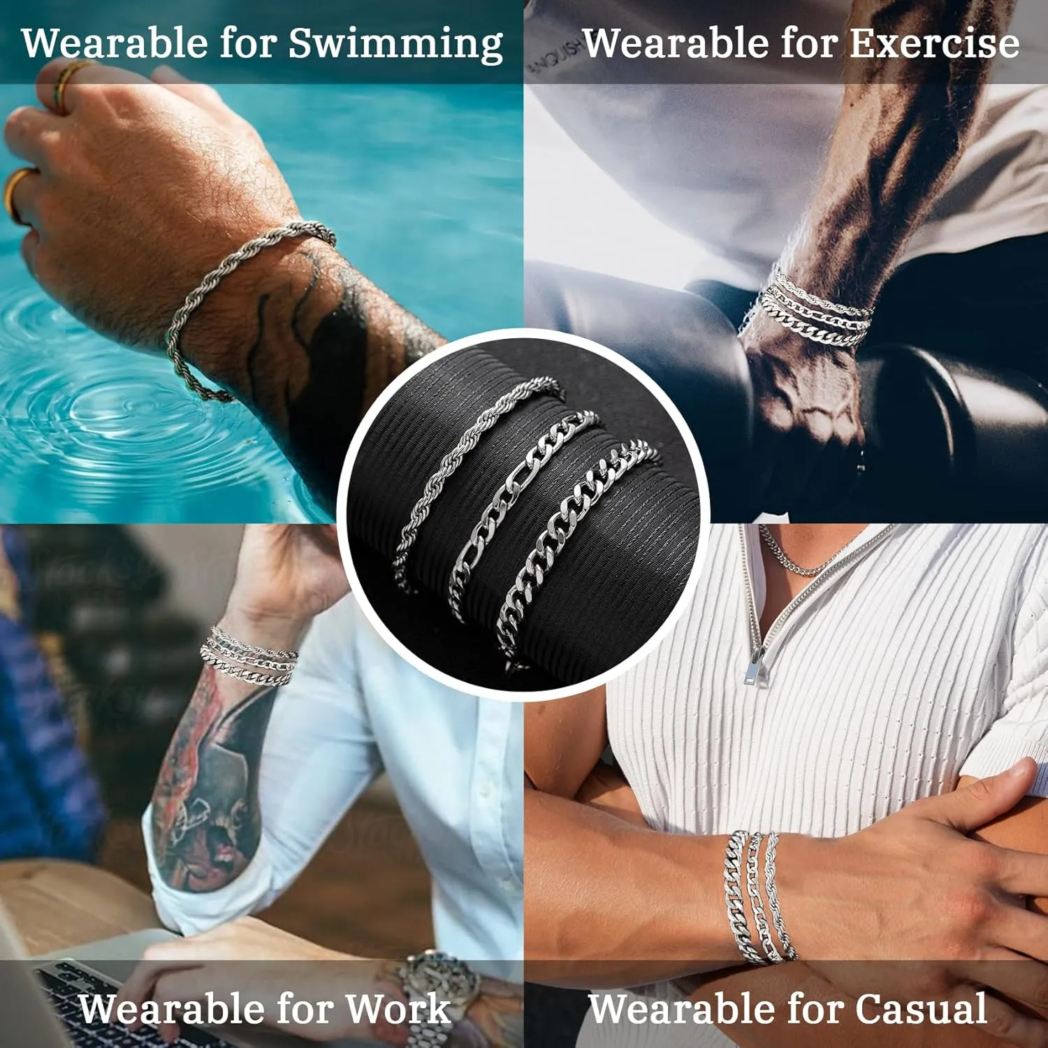 Senteria 3 Pcs Stainless Steel Bracelet for Men Women Adjustable Sturdy Rope Figaro Cuban Link Bracelet Set Stack Chain Bracelets for Men Dad Husband 7/8 Inches