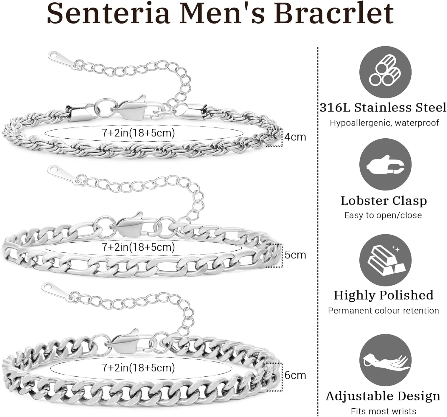 Senteria 3 Pcs Stainless Steel Bracelet for Men Women Adjustable Sturdy Rope Figaro Cuban Link Bracelet Set Stack Chain Bracelets for Men Dad Husband 7/8 Inches