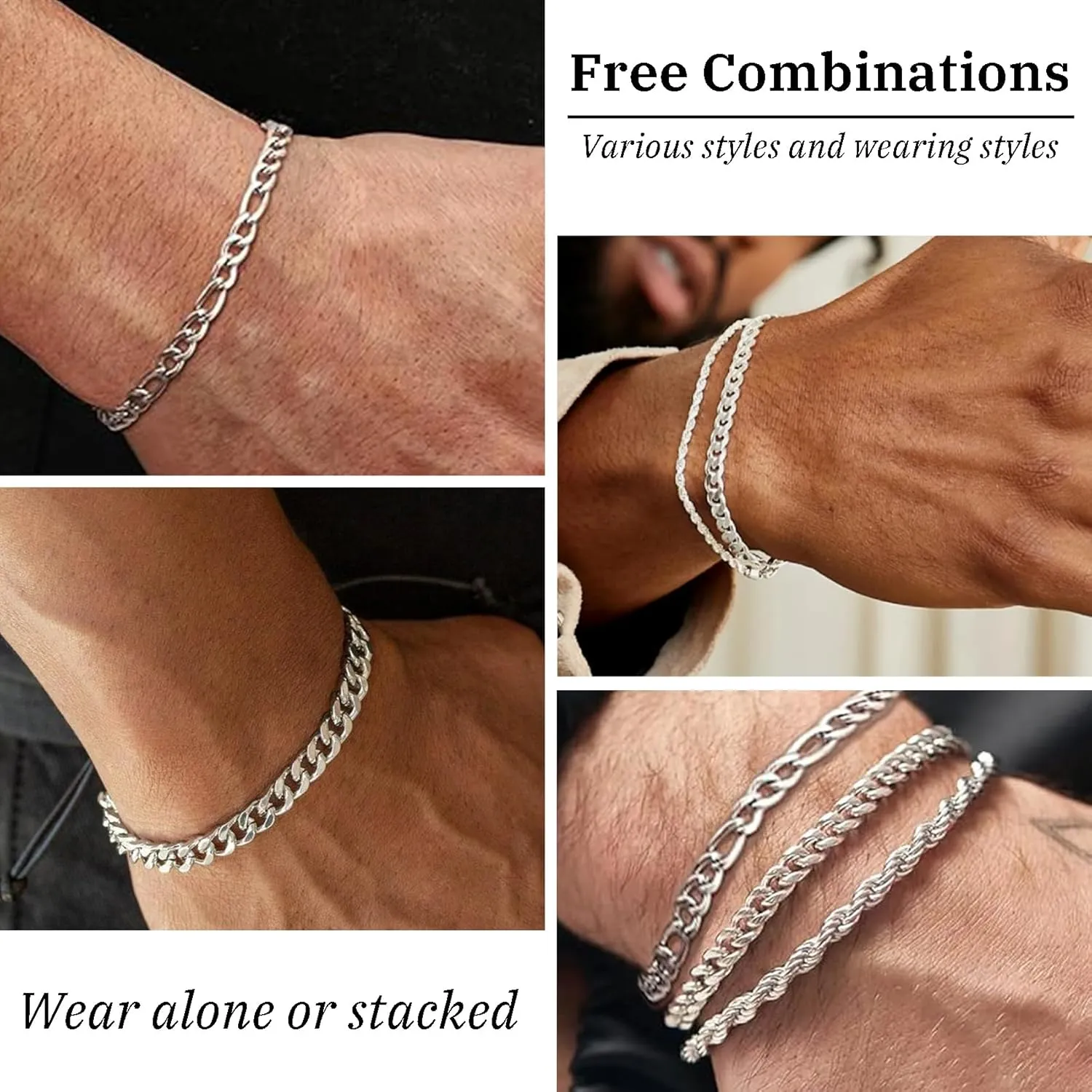 Senteria 3 Pcs Stainless Steel Bracelet for Men Women Adjustable Sturdy Rope Figaro Cuban Link Bracelet Set Stack Chain Bracelets for Men Dad Husband 7/8 Inches