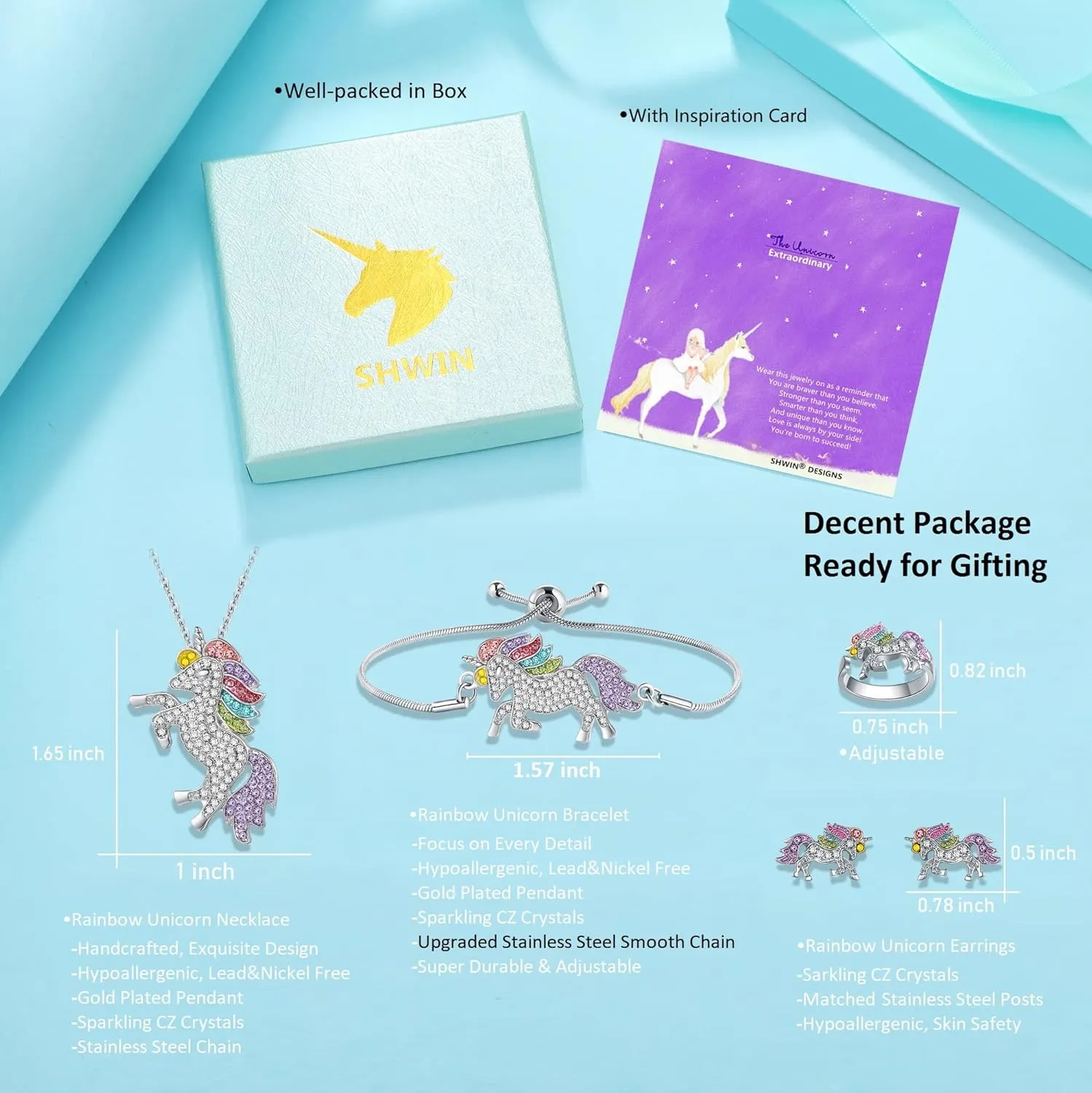 SHWIN Unicorns Gifts for Girls Kids Jewelry 2 or 4 Pack Unicorn Necklace Bracelet Earrings Ring Jewelry Set Birthday Gifts for Girls Daughter Granddaughter Niece