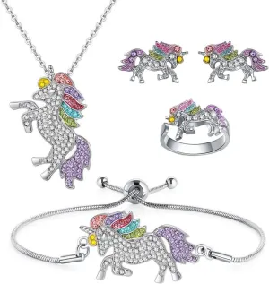 SHWIN Unicorns Gifts for Girls Kids Jewelry 2 or 4 Pack Unicorn Necklace Bracelet Earrings Ring Jewelry Set Birthday Gifts for Girls Daughter Granddaughter Niece
