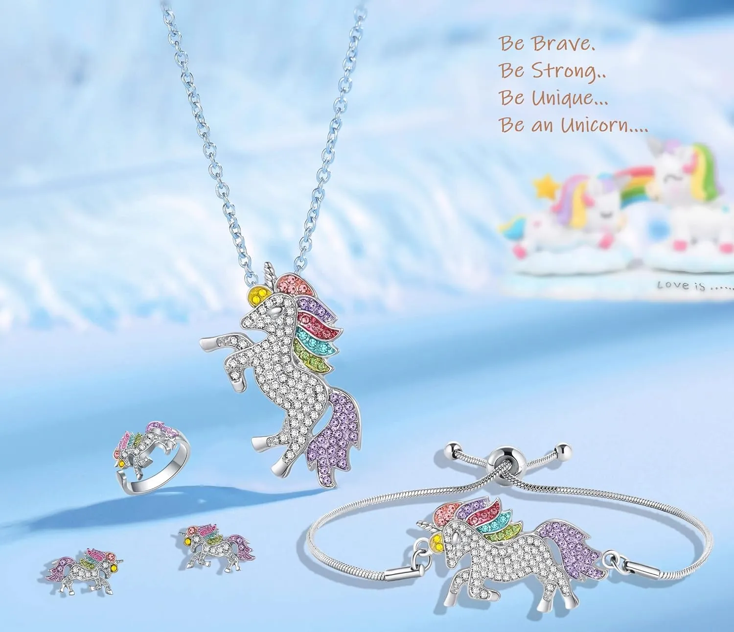 SHWIN Unicorns Gifts for Girls Kids Jewelry 2 or 4 Pack Unicorn Necklace Bracelet Earrings Ring Jewelry Set Birthday Gifts for Girls Daughter Granddaughter Niece