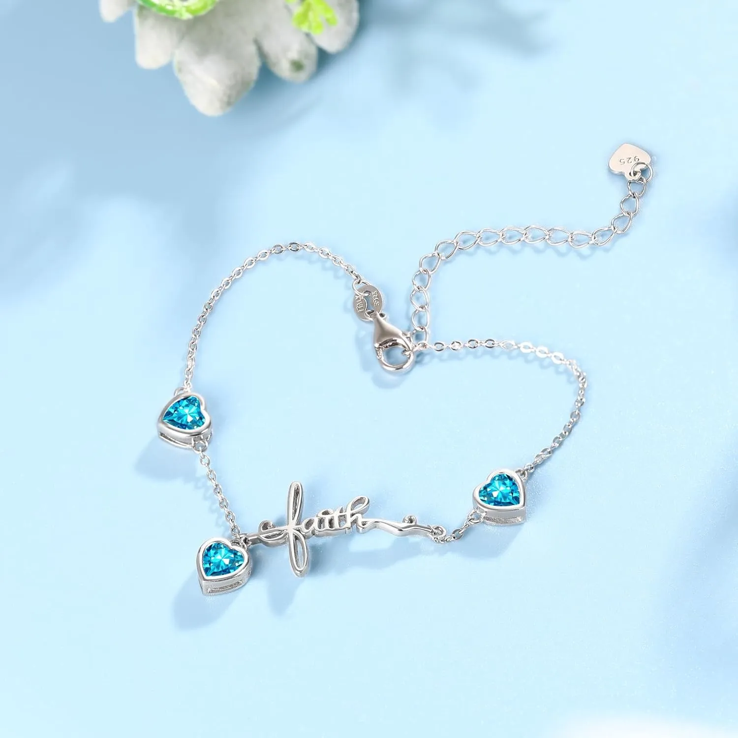 Shysnow 3 Birthstones Bracelet for Women 925 Sterling Silver Cross Faith Adjustable Chain Bracelets with Heart Cubic Zirconias Christmas Birthday Birth Stones Jewelry for Women Mom