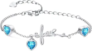Shysnow 3 Birthstones Bracelet for Women 925 Sterling Silver Cross Faith Adjustable Chain Bracelets with Heart Cubic Zirconias Christmas Birthday Birth Stones Jewelry for Women Mom