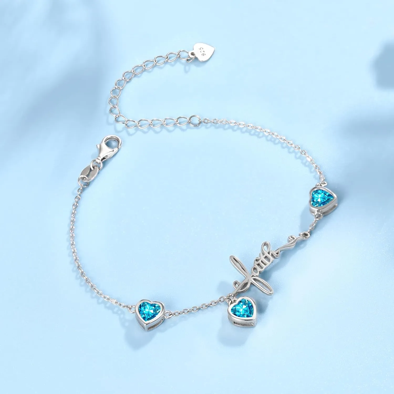Shysnow 3 Birthstones Bracelet for Women 925 Sterling Silver Cross Faith Adjustable Chain Bracelets with Heart Cubic Zirconias Christmas Birthday Birth Stones Jewelry for Women Mom