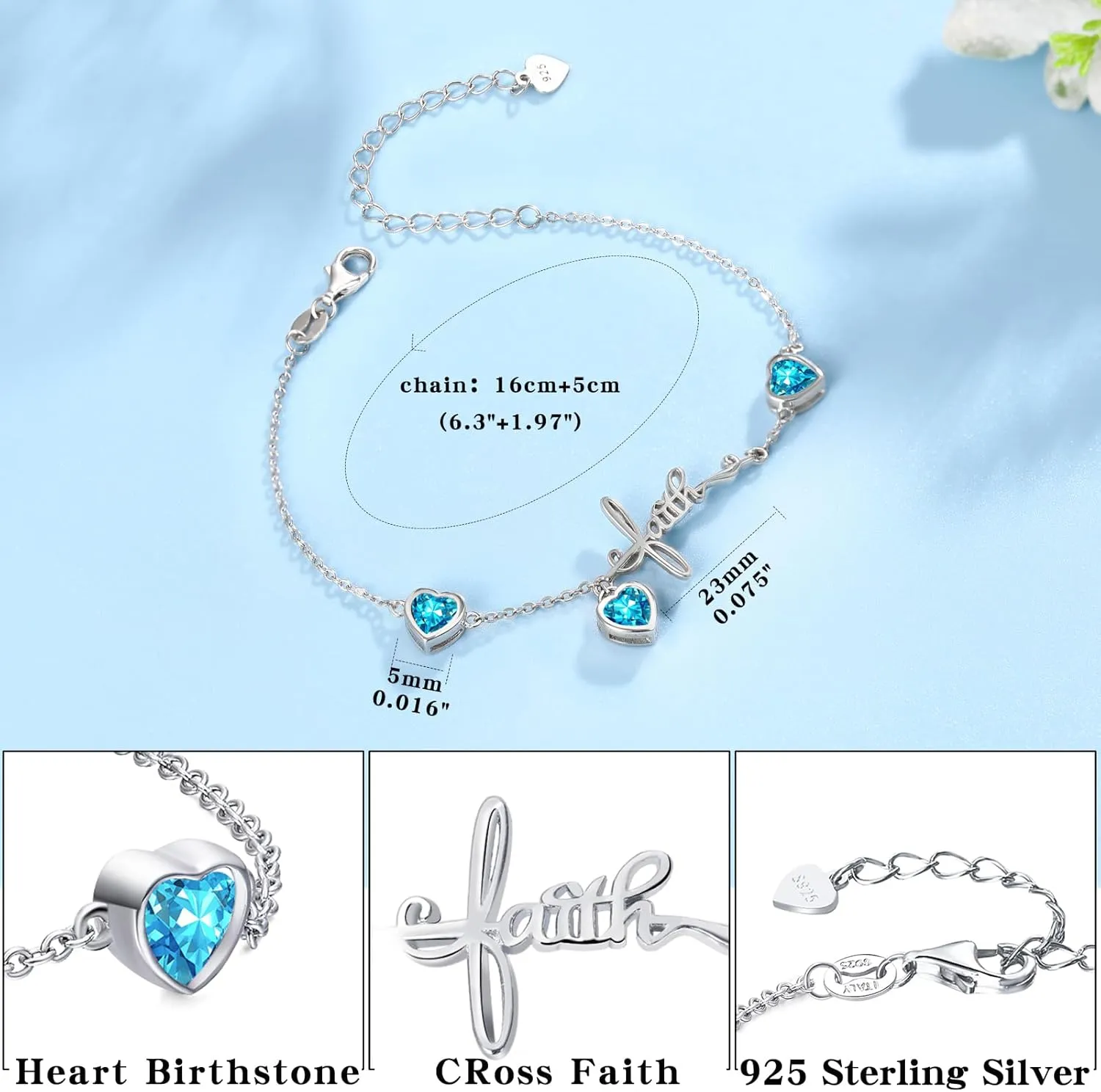 Shysnow 3 Birthstones Bracelet for Women 925 Sterling Silver Cross Faith Adjustable Chain Bracelets with Heart Cubic Zirconias Christmas Birthday Birth Stones Jewelry for Women Mom