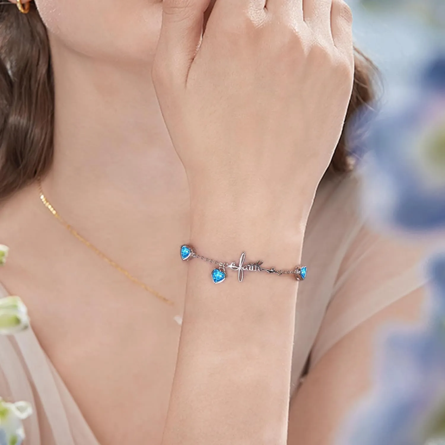Shysnow 3 Birthstones Bracelet for Women 925 Sterling Silver Cross Faith Adjustable Chain Bracelets with Heart Cubic Zirconias Christmas Birthday Birth Stones Jewelry for Women Mom
