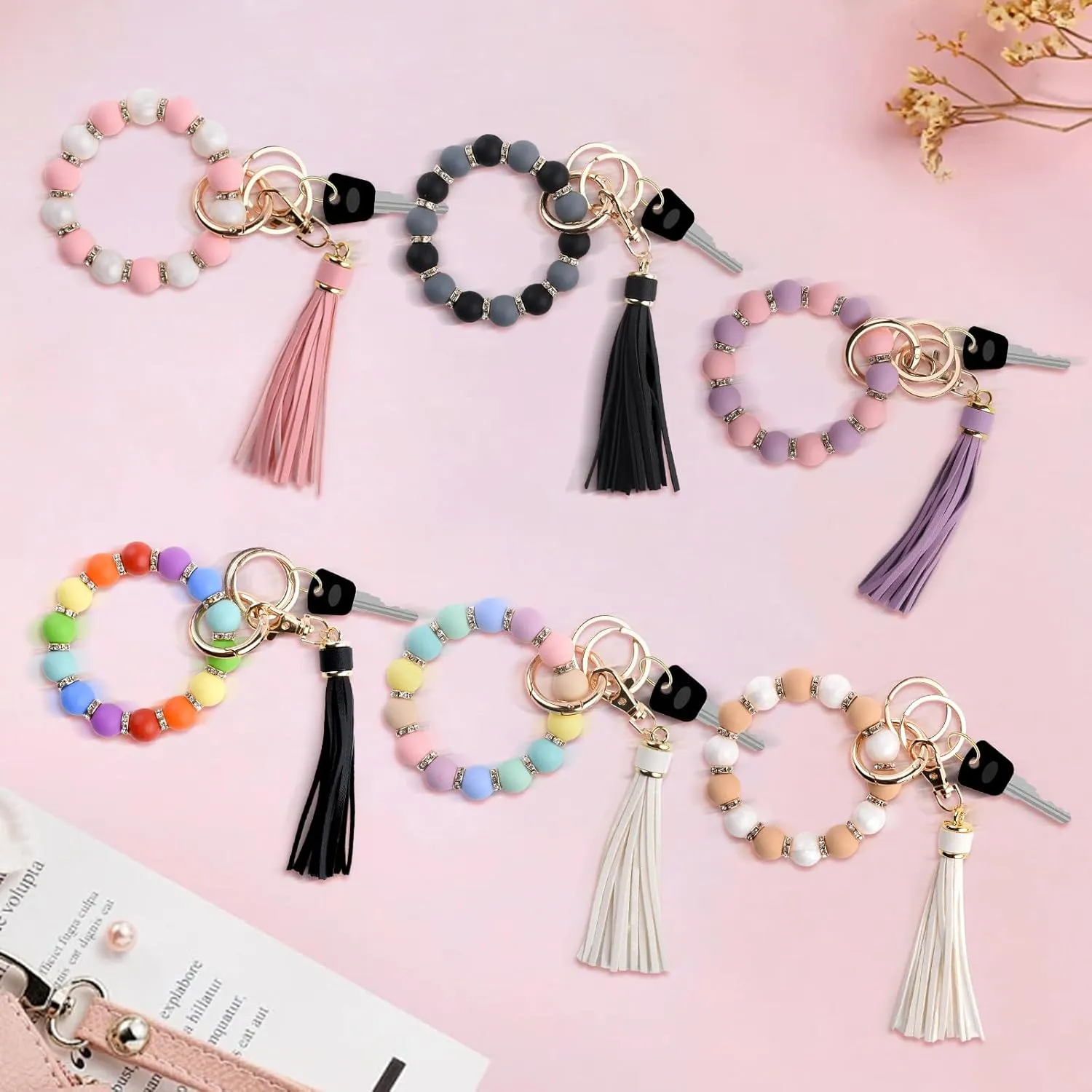 Silicone Beaded Keychain Wristlet for Women, Cute Key Ring Bracelet, Elastic,Key Chains for Women & Bag Charms