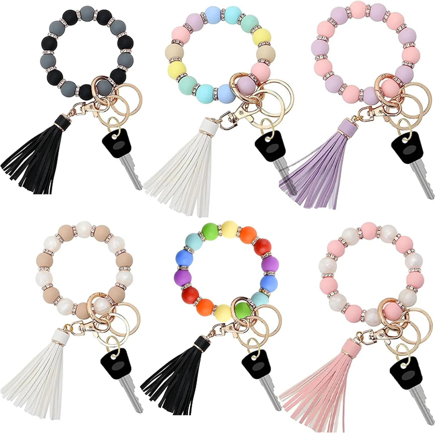 Silicone Beaded Keychain Wristlet for Women, Cute Key Ring Bracelet, Elastic,Key Chains for Women & Bag Charms