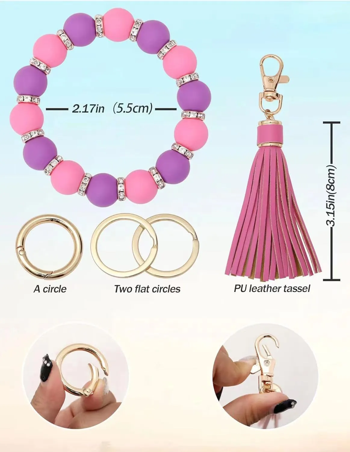 Silicone Beaded Keychain Wristlet for Women, Cute Key Ring Bracelet, Elastic,Key Chains for Women & Bag Charms