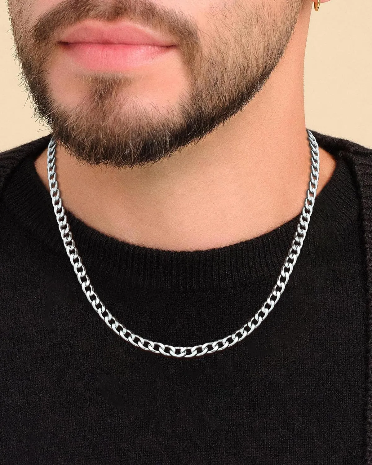 Silver Chain for Men 2Pcs Cuban Link Chain for Men 4mm Stainless Steel Silver Necklace for Hip Hop Jewelry