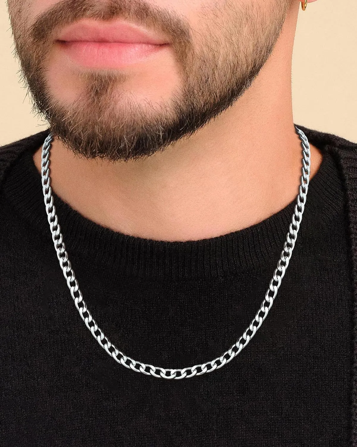 Silver Chain for Men 2Pcs Cuban Link Chain for Men 4mm Stainless Steel Silver Necklace for Hip Hop Jewelry