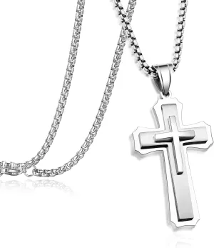 Silver deer [Hypoallergenic Cross Necklace for Men2in DIY extension Stainless Steel Plain Cross Pendant Necklace for Men Box Chain 21.65in