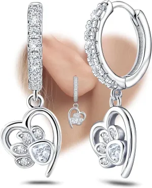 Silver Heart Print Earrings for Women Sterling Silver Cute Pet Puppy Cat Dog Paw Print Hoop Earrings Hypoallergenic White Cubic Zirconia Loop Earring Dainty Heart-Shaped Earring for Christmas Birthday