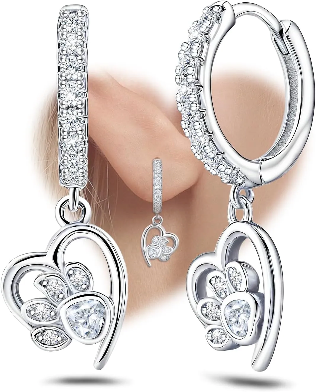 Silver Heart Print Earrings for Women Sterling Silver Cute Pet Puppy Cat Dog Paw Print Hoop Earrings Hypoallergenic White Cubic Zirconia Loop Earring Dainty Heart-Shaped Earring for Christmas Birthday