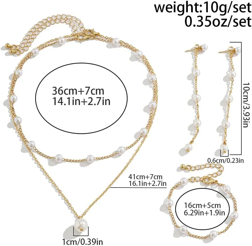 Silver Jewelry Set for Women, Long Pearl Earrings Dainty 14K Gold/Silver Plated Pearl Necklace and Earring Set Bridal Pearl Drop Earrings Pearl Choker Necklace Wedding Bridesmaid Jewelry Set Gifts for Women