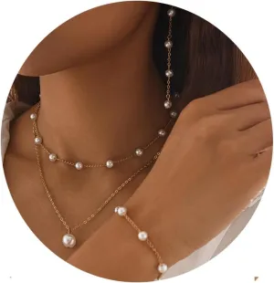 Silver Jewelry Set for Women, Long Pearl Earrings Dainty 14K Gold/Silver Plated Pearl Necklace and Earring Set Bridal Pearl Drop Earrings Pearl Choker Necklace Wedding Bridesmaid Jewelry Set Gifts for Women
