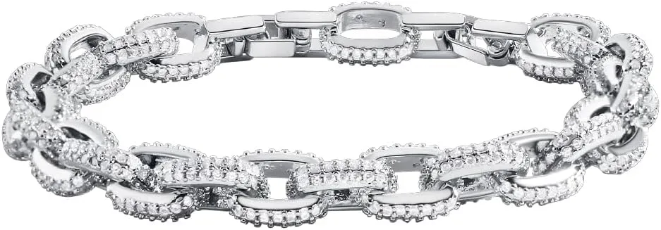 Silver Plated White Cubic Zirconia Pave Bracelet,Bling CZ O-chain Hip Hop Cuban Bracelets Tennis Bracelet for Women Men Jewelry,7.2"