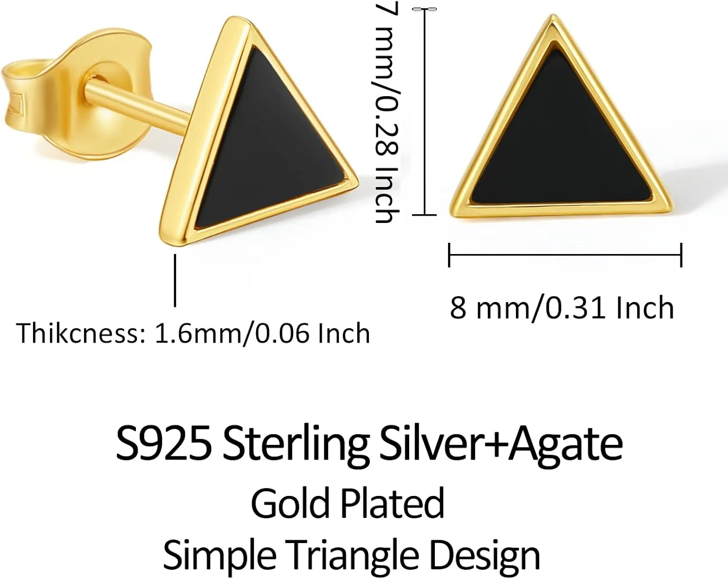 Silver Stud Earrings Gold Plated Stud Earring Black Onyx Studs Triangle Post Small Geometric Jewelry Hypoallergenic Lightweight Dainty Trendy Natural Gemstone Minimalist Tiny Unisex Gift for Women Men