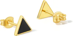 Silver Stud Earrings Gold Plated Stud Earring Black Onyx Studs Triangle Post Small Geometric Jewelry Hypoallergenic Lightweight Dainty Trendy Natural Gemstone Minimalist Tiny Unisex Gift for Women Men