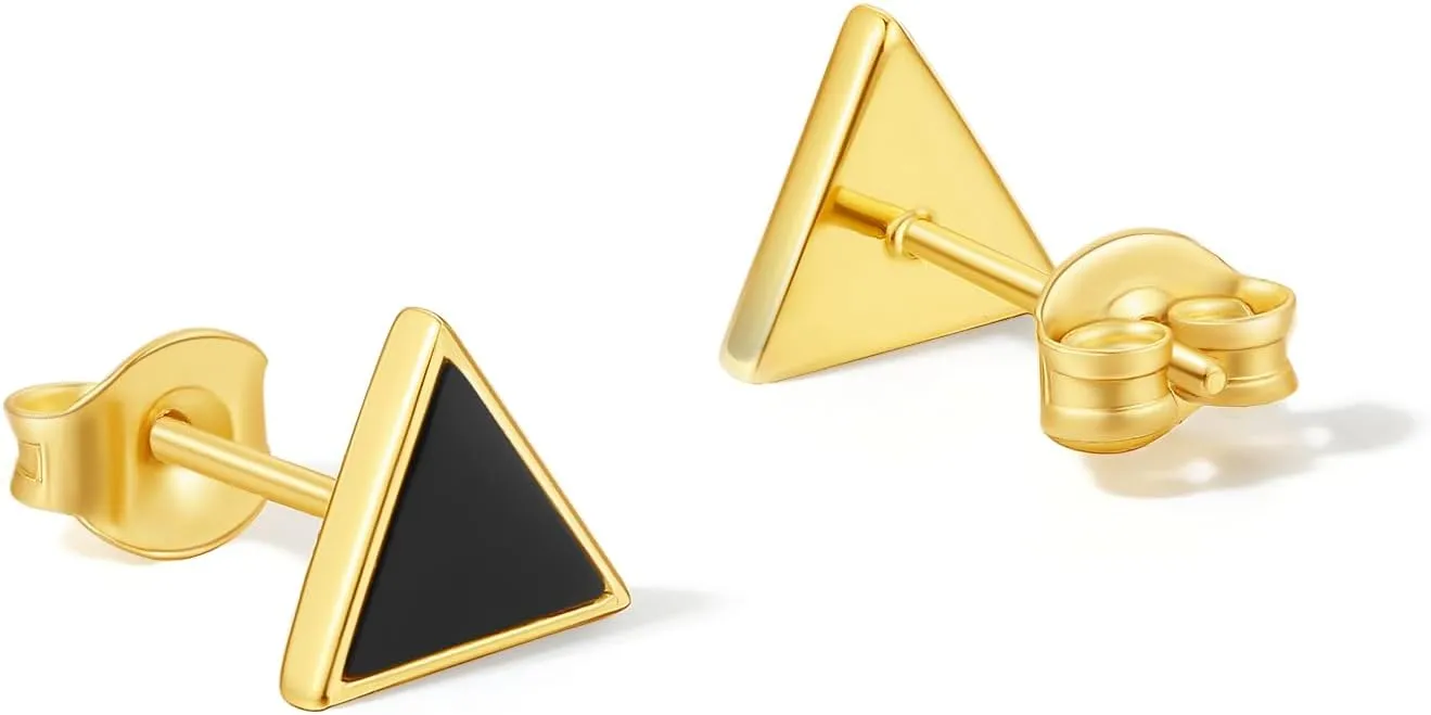Silver Stud Earrings Gold Plated Stud Earring Black Onyx Studs Triangle Post Small Geometric Jewelry Hypoallergenic Lightweight Dainty Trendy Natural Gemstone Minimalist Tiny Unisex Gift for Women Men