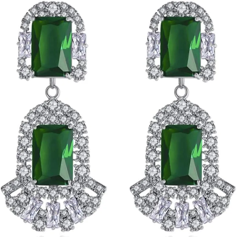 Silver Tone Antique Vintage Retro Flapper Style Art Deco Gatsby Emerald Green Clear Zircon Rhinestone Wedding Bridal Earrings