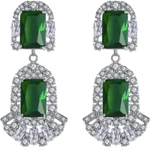 Silver Tone Antique Vintage Retro Flapper Style Art Deco Gatsby Emerald Green Clear Zircon Rhinestone Wedding Bridal Earrings