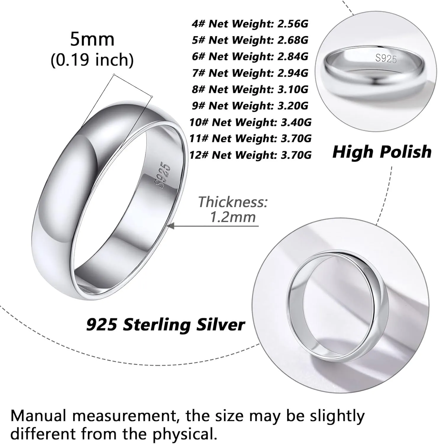 Silvora 925 Sterling Silver Band Rings for Women Men, High Polish Plain Dome Tarnish Resistant Wedding Rings Size 4-12