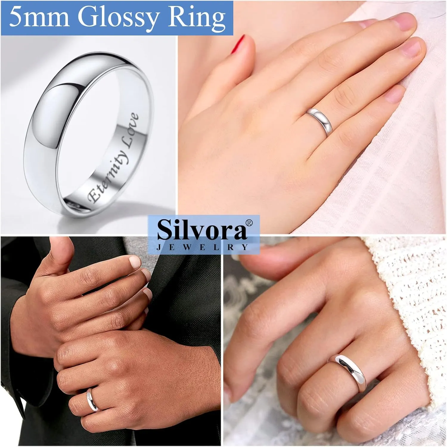Silvora 925 Sterling Silver Band Rings for Women Men, High Polish Plain Dome Tarnish Resistant Wedding Rings Size 4-12